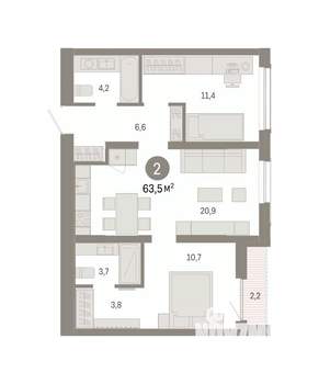 2-к квартира, вторичка, 63м2, 6/8 этаж