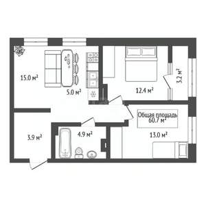 2-к квартира, вторичка, 59м2, 3/9 этаж