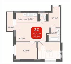 3-к квартира, строящийся дом, 53м2, 16/17 этаж