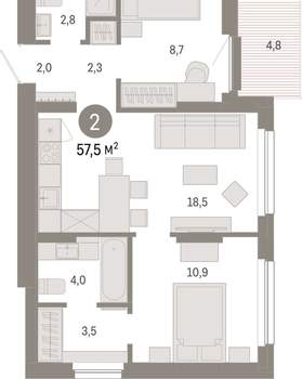 2-к квартира, вторичка, 58м2, 11/12 этаж