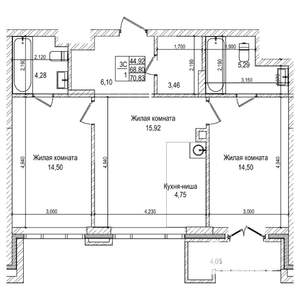 3-к квартира, строящийся дом, 69м2, 2/28 этаж