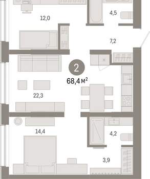 2-к квартира, вторичка, 68м2, 1/15 этаж