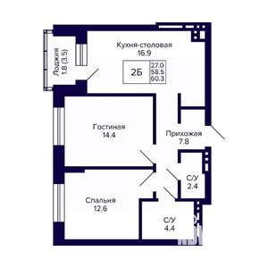 2-к квартира, вторичка, 60м2, 9/10 этаж