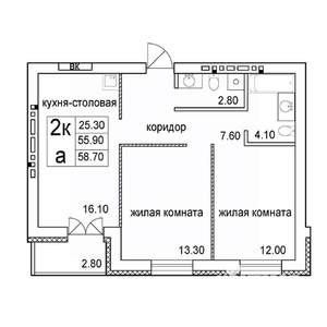 2-к квартира, строящийся дом, 59м2, 8/8 этаж