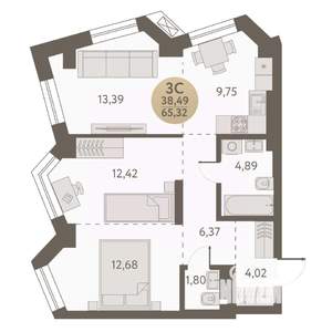 3-к квартира, вторичка, 65м2, 12/31 этаж