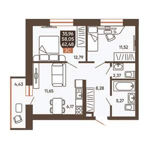 3-к квартира, вторичка, 62м2, 13/19 этаж