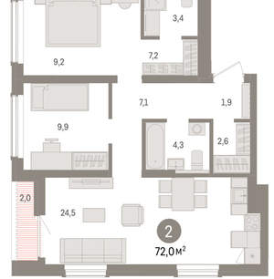 2-к квартира, вторичка, 72м2, 12/15 этаж