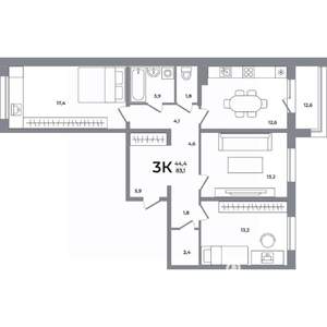 3-к квартира, вторичка, 83м2, 11/17 этаж