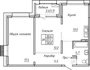 2-к квартира, строящийся дом, 59м2, 8/15 этаж