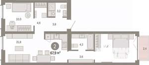 2-к квартира, вторичка, 68м2, 5/6 этаж
