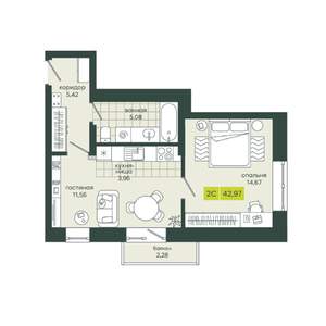 2-к квартира, вторичка, 43м2, 21/25 этаж