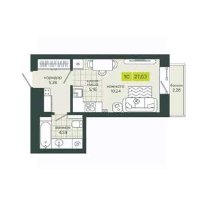 1-к квартира, вторичка, 28м2, 12/25 этаж