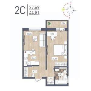 2-к квартира, строящийся дом, 45м2, 15/17 этаж