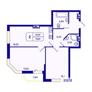 2-к квартира, вторичка, 69м2, 2/26 этаж