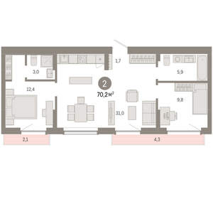 2-к квартира, вторичка, 70м2, 9/12 этаж