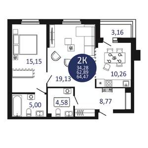 2-к квартира, вторичка, 64м2, 2/20 этаж