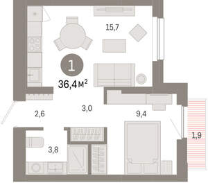 1-к квартира, вторичка, 36м2, 7/12 этаж