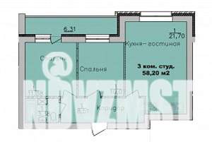 3-к квартира, строящийся дом, 58м2, 7/9 этаж