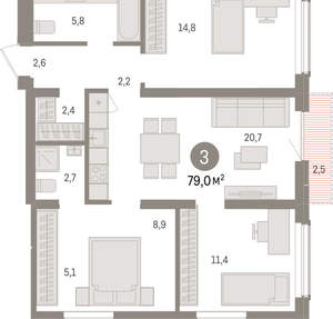 3-к квартира, вторичка, 79м2, 13/15 этаж
