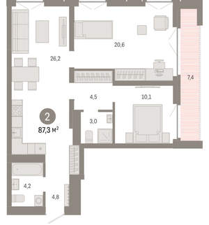2-к квартира, вторичка, 87м2, 8/23 этаж