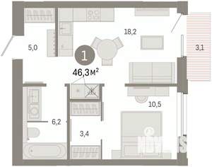 1-к квартира, вторичка, 46м2, 6/14 этаж