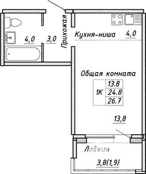 1-к квартира, строящийся дом, 27м2, 6/17 этаж