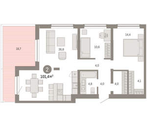 2-к квартира, вторичка, 101м2, 8/15 этаж