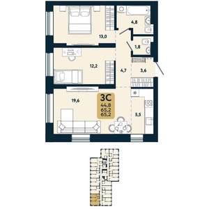 3-к квартира, вторичка, 65м2, 17/25 этаж