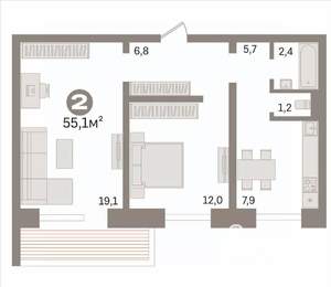 2-к квартира, вторичка, 55м2, 3/10 этаж