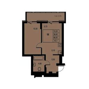 1-к квартира, строящийся дом, 43м2, 6/23 этаж