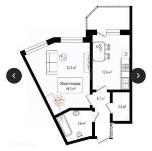 1-к квартира, вторичка, 48м2, 14/24 этаж
