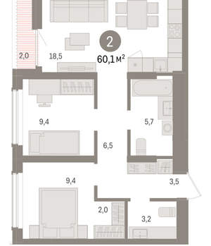 2-к квартира, вторичка, 60м2, 13/15 этаж