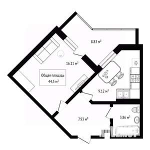 1-к квартира, вторичка, 44м2, 2/17 этаж