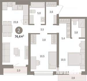 2-к квартира, вторичка, 74м2, 7/14 этаж