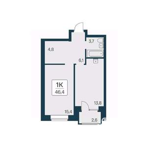 1-к квартира, вторичка, 46м2, 2/21 этаж