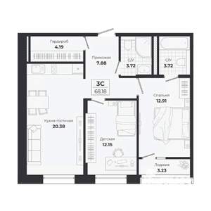 3-к квартира, строящийся дом, 65м2, 7/9 этаж