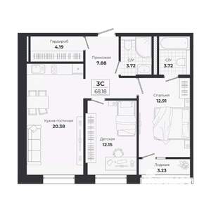3-к квартира, строящийся дом, 65м2, 6/9 этаж