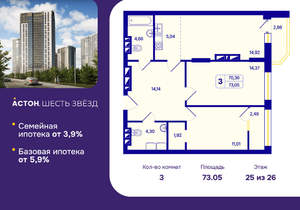 3-к квартира, вторичка, 73м2, 25/26 этаж