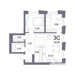 3-к квартира, вторичка, 63м2, 11/25 этаж