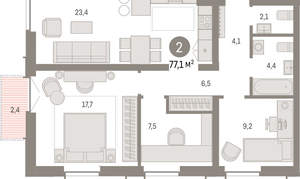 2-к квартира, вторичка, 77м2, 1/23 этаж