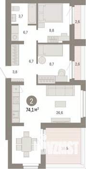 2-к квартира, вторичка, 74м2, 12/12 этаж