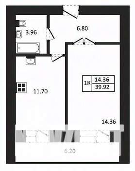 1-к квартира, строящийся дом, 40м2, 3/12 этаж