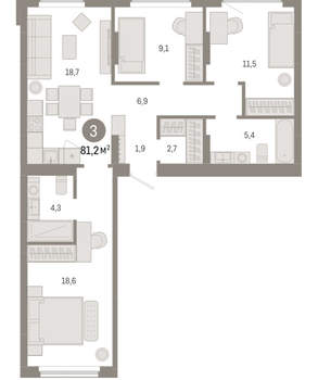 3-к квартира, вторичка, 81м2, 4/12 этаж