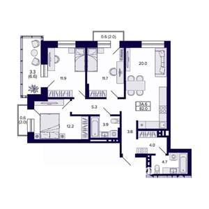 3-к квартира, вторичка, 82м2, 6/20 этаж