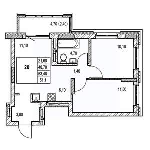 2-к квартира, строящийся дом, 51м2, 12/21 этаж