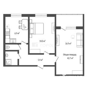 2-к квартира, вторичка, 43м2, 6/9 этаж