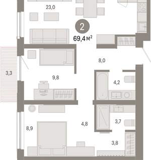 2-к квартира, вторичка, 69м2, 4/15 этаж