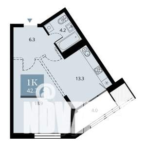 1-к квартира, строящийся дом, 43м2, 9/23 этаж