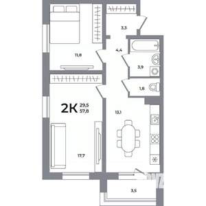 2-к квартира, вторичка, 58м2, 5/17 этаж