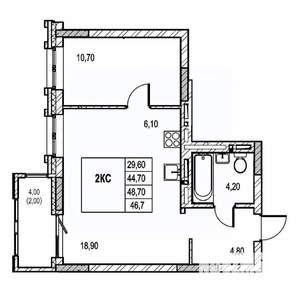 2-к квартира, строящийся дом, 47м2, 3/21 этаж